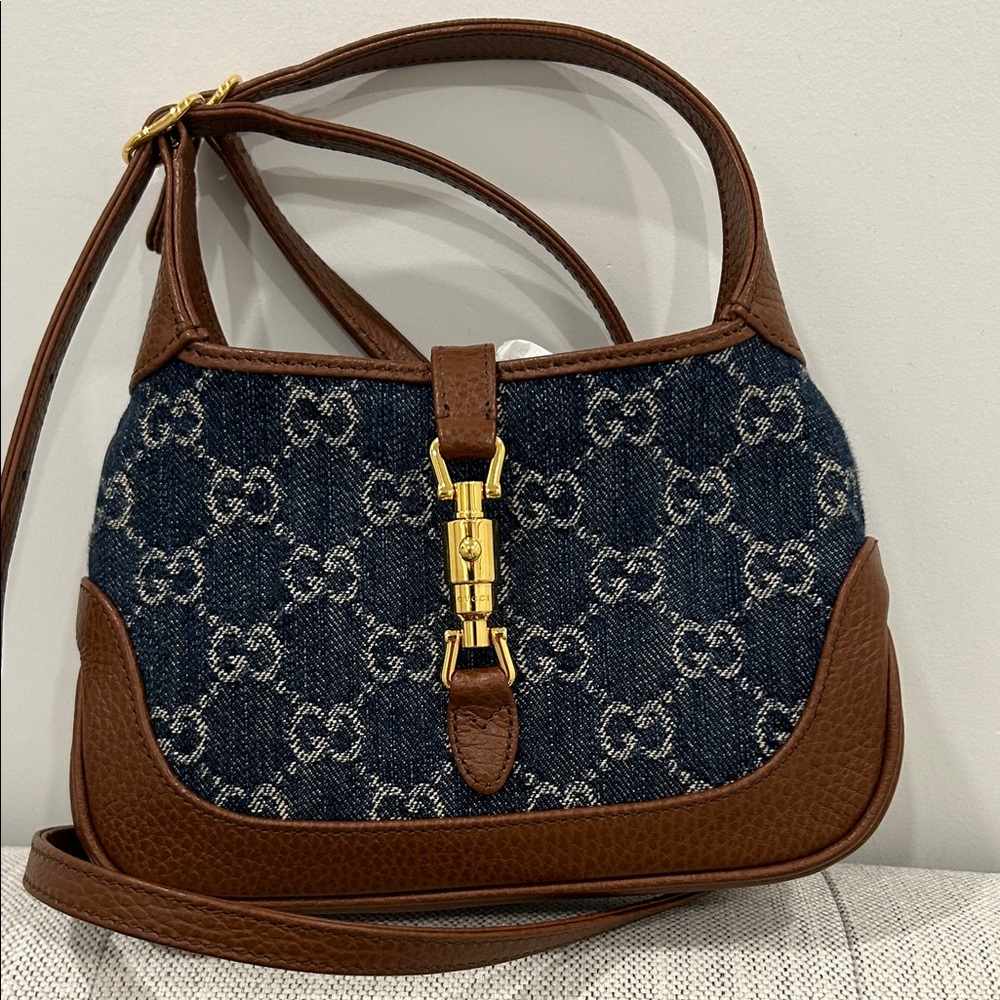 Cucci Jackie mini Blue Denim & Brown Leather . Shoulder Bag with Gold Hardware